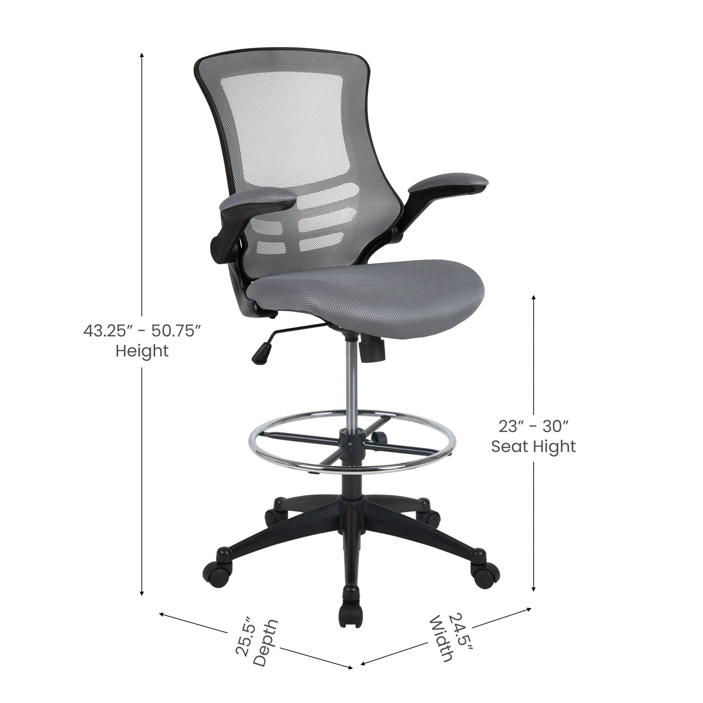 Kelista Mid-Back Dark Gray Mesh Ergonomic Drafting Chair with Adjustable Foot Ring and Flip-Up Arms Dark Gray Mesh/Black Frame
