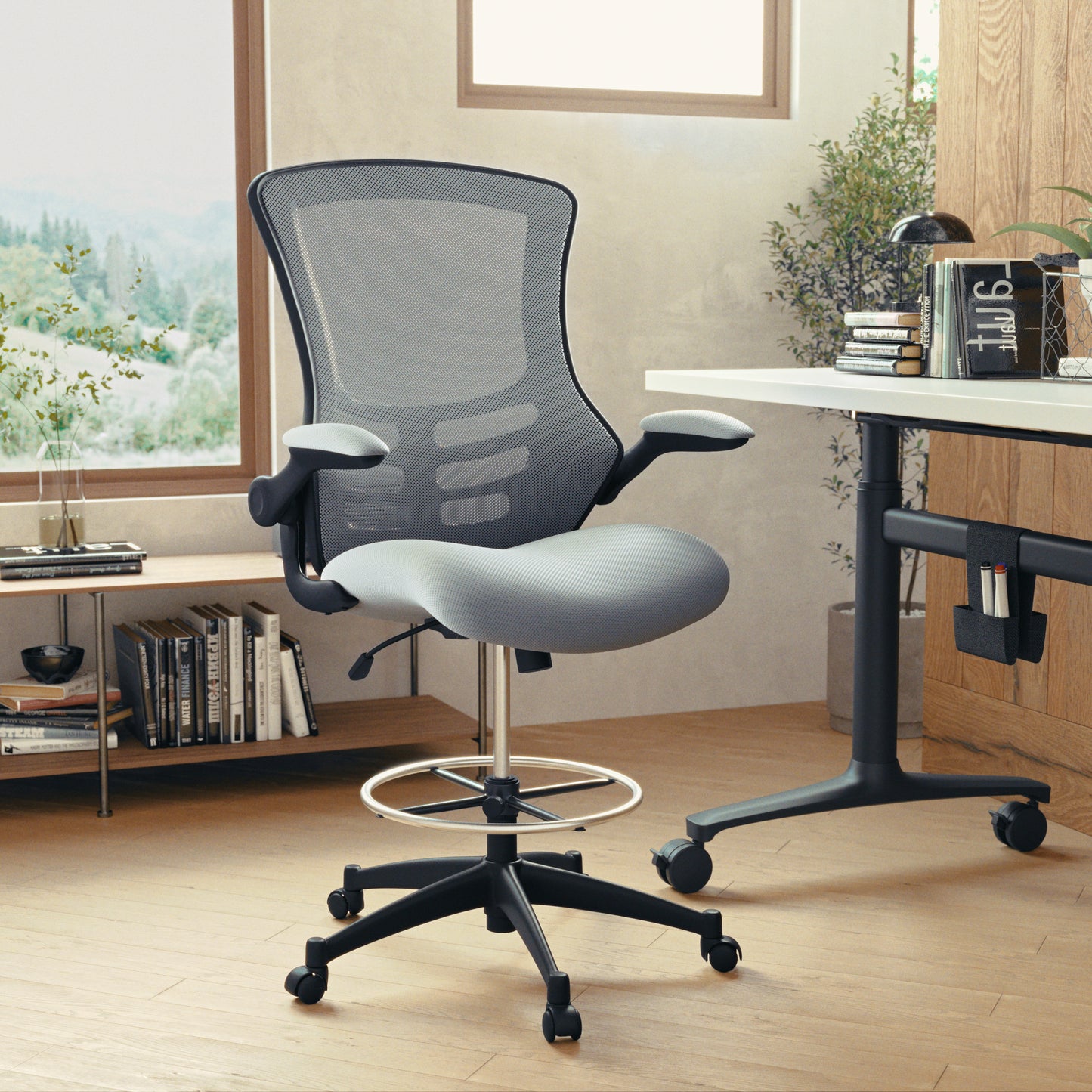 Kelista Mid-Back Dark Gray Mesh Ergonomic Drafting Chair with Adjustable Foot Ring and Flip-Up Arms Dark Gray Mesh/Black Frame