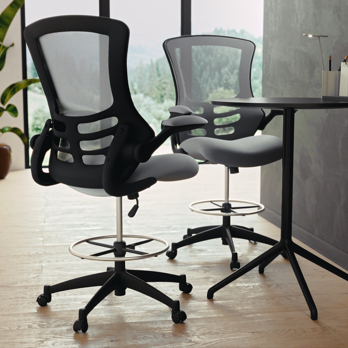 Kelista Mid-Back Dark Gray Mesh Ergonomic Drafting Chair with Adjustable Foot Ring and Flip-Up Arms Dark Gray Mesh/Black Frame