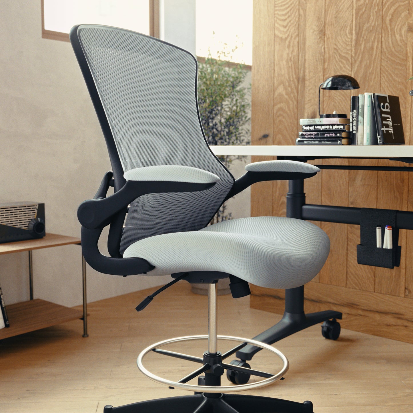Kelista Mid-Back Dark Gray Mesh Ergonomic Drafting Chair with Adjustable Foot Ring and Flip-Up Arms Dark Gray Mesh/Black Frame