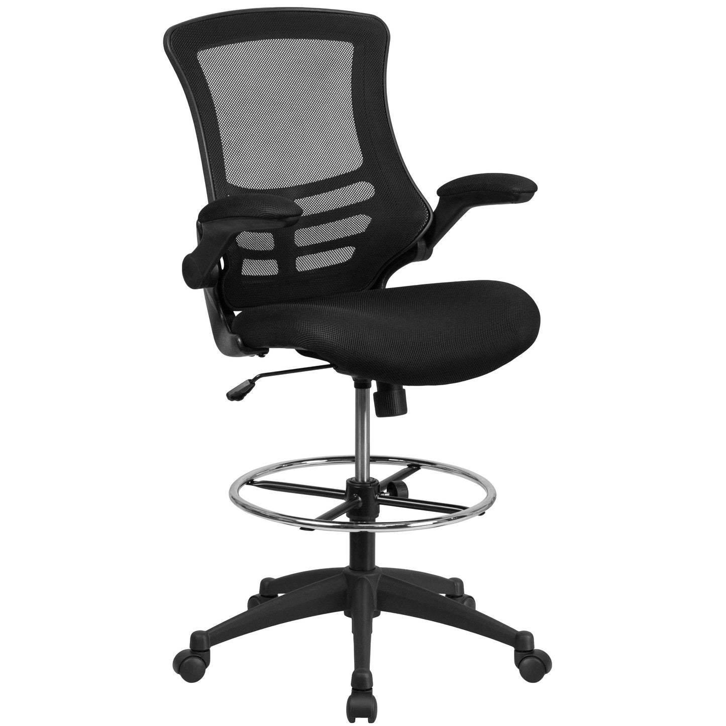 Kelista Mid-Back Black Mesh Ergonomic Drafting Chair with Adjustable Foot Ring and Flip-Up Arms Black Mesh/Black Frame