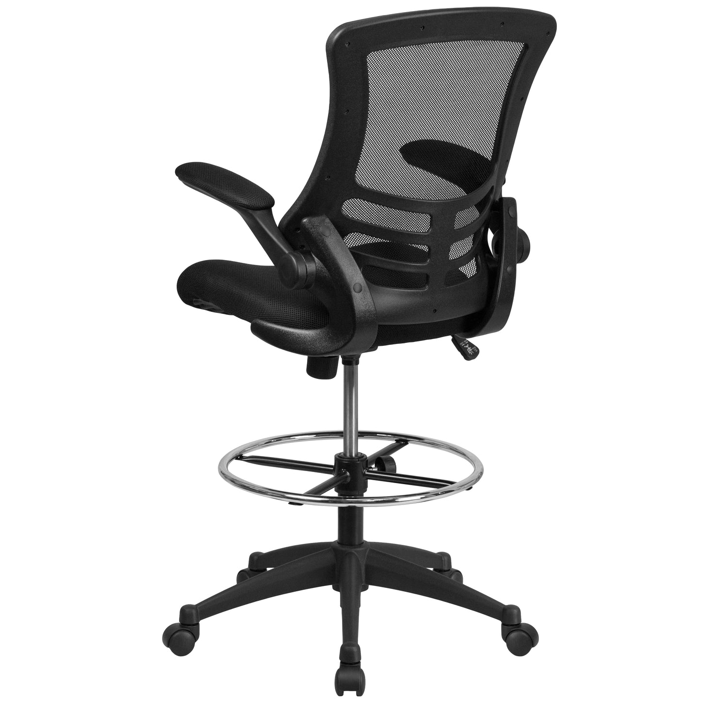 Kelista Mid-Back Black Mesh Ergonomic Drafting Chair with Adjustable Foot Ring and Flip-Up Arms Black Mesh/Black Frame