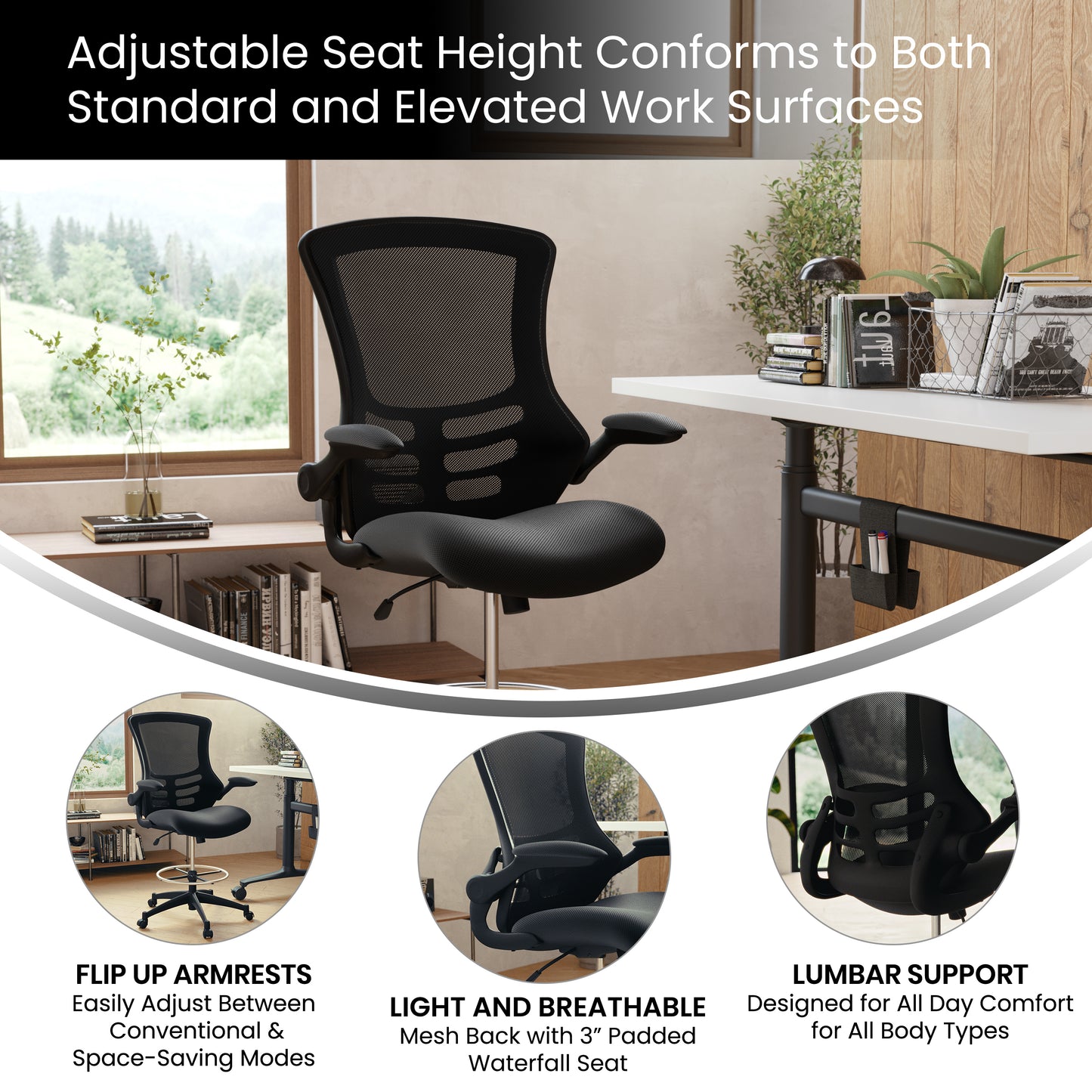 Kelista Mid-Back Black Mesh Ergonomic Drafting Chair with Adjustable Foot Ring and Flip-Up Arms Black Mesh/Black Frame