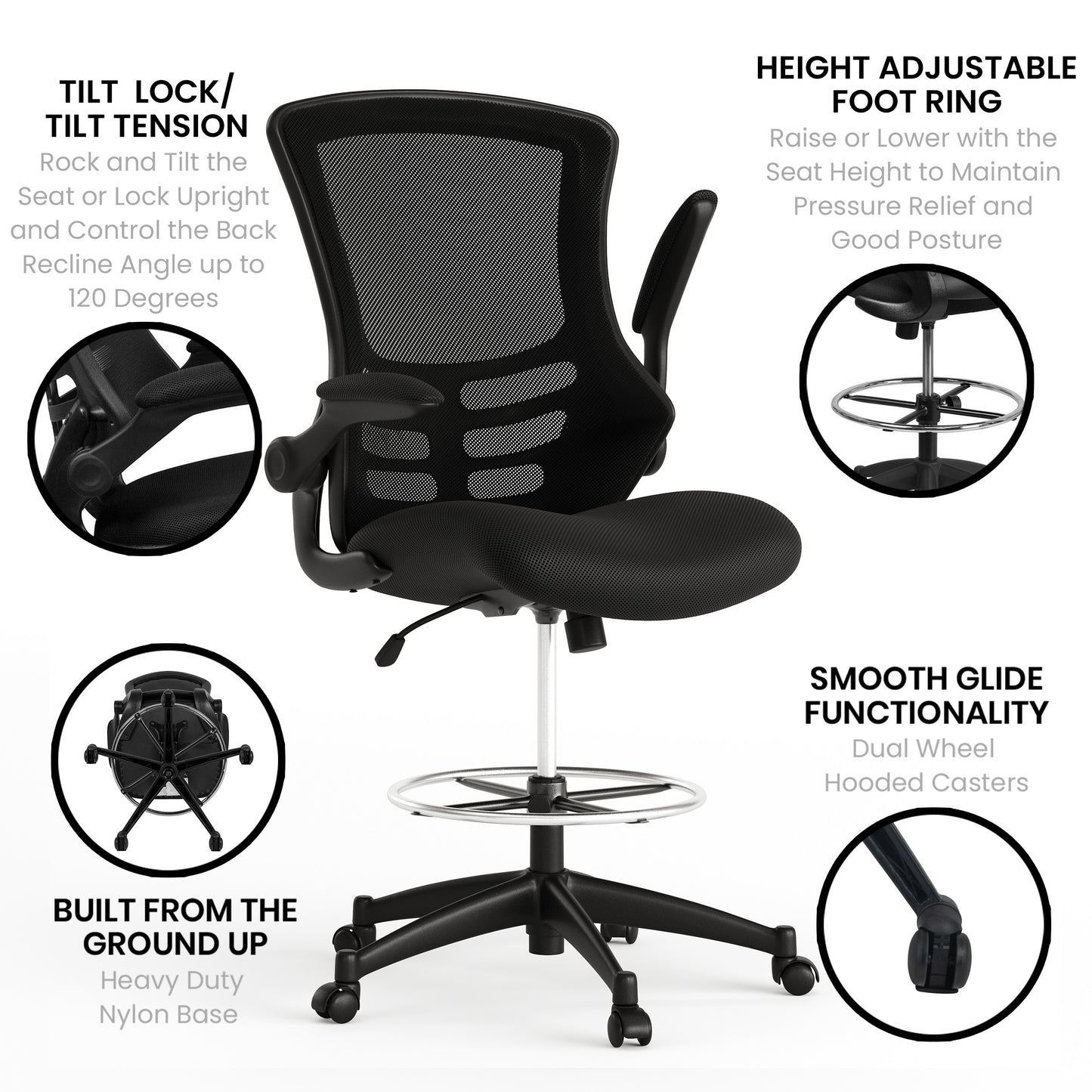 Kelista Mid-Back Black Mesh Ergonomic Drafting Chair with Adjustable Foot Ring and Flip-Up Arms Black Mesh/Black Frame