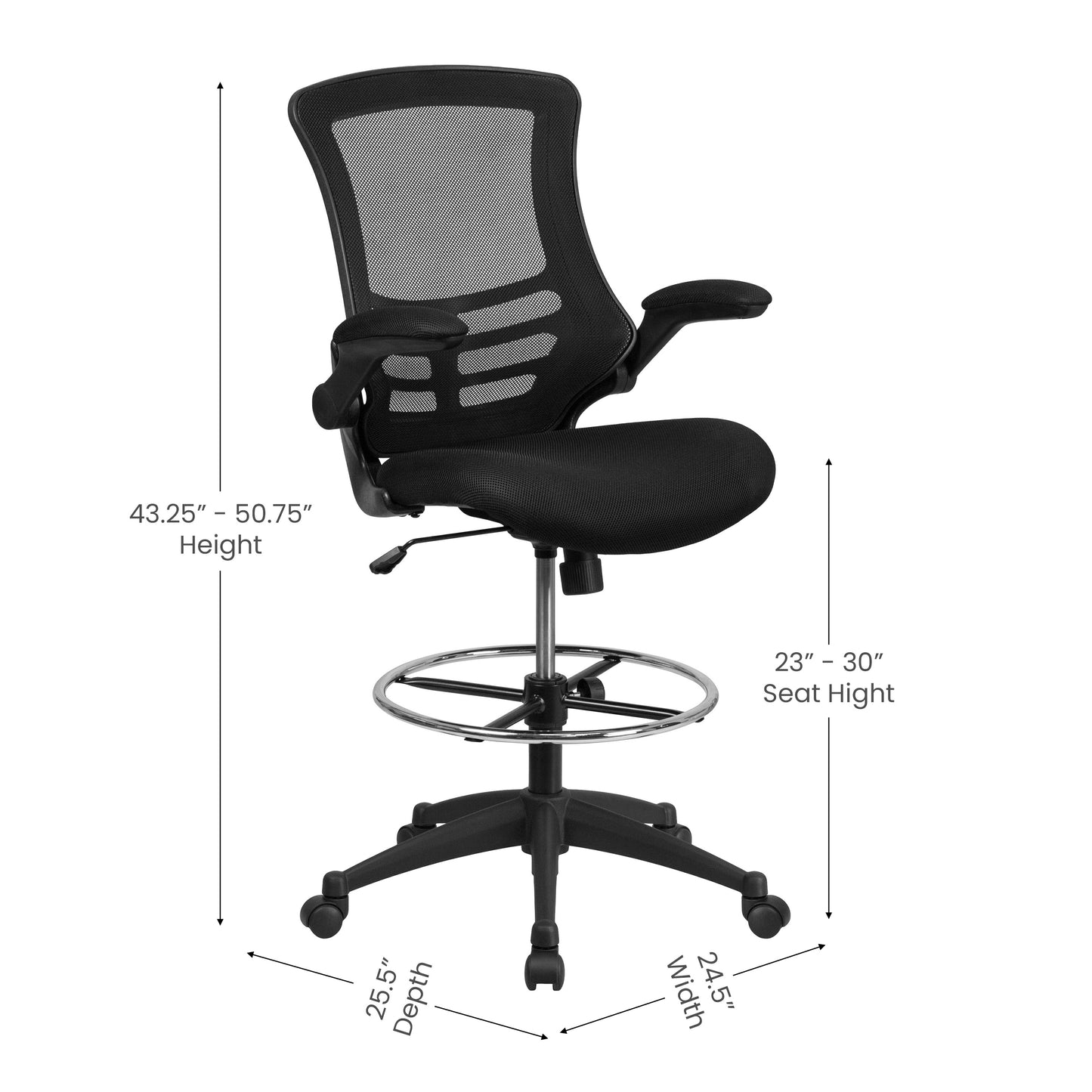 Kelista Mid-Back Black Mesh Ergonomic Drafting Chair with Adjustable Foot Ring and Flip-Up Arms Black Mesh/Black Frame