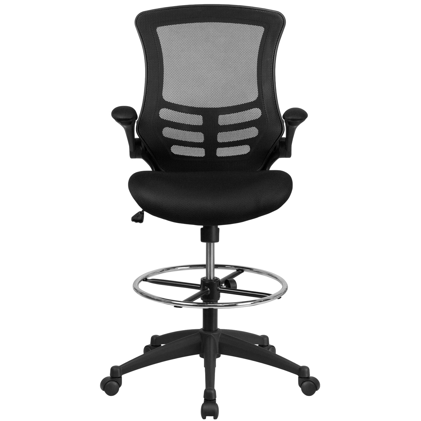 Kelista Mid-Back Black Mesh Ergonomic Drafting Chair with Adjustable Foot Ring and Flip-Up Arms Black Mesh/Black Frame