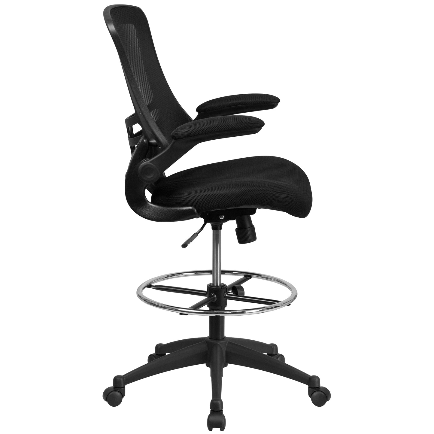 Kelista Mid-Back Black Mesh Ergonomic Drafting Chair with Adjustable Foot Ring and Flip-Up Arms Black Mesh/Black Frame
