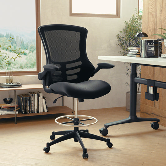 Kelista Mid-Back Black Mesh Ergonomic Drafting Chair with Adjustable Foot Ring and Flip-Up Arms Black Mesh/Black Frame