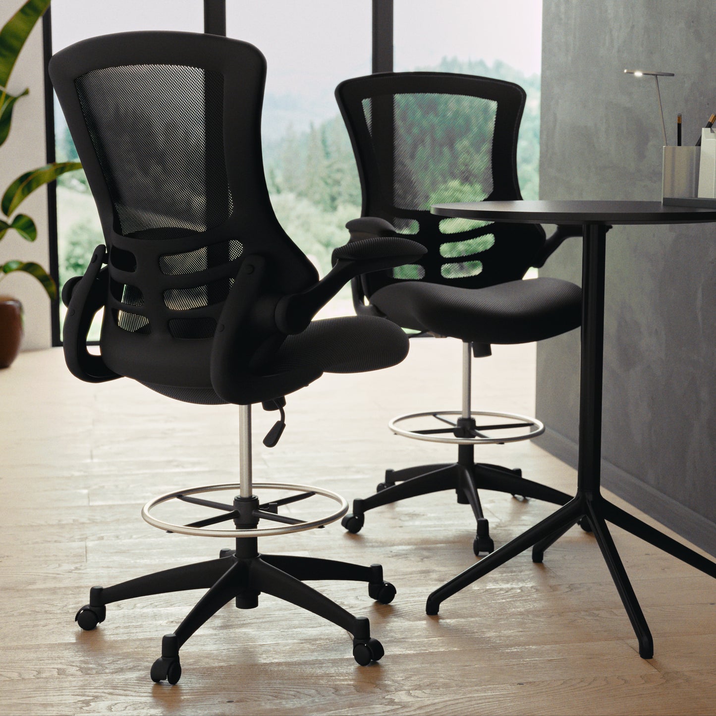 Kelista Mid-Back Black Mesh Ergonomic Drafting Chair with Adjustable Foot Ring and Flip-Up Arms Black Mesh/Black Frame