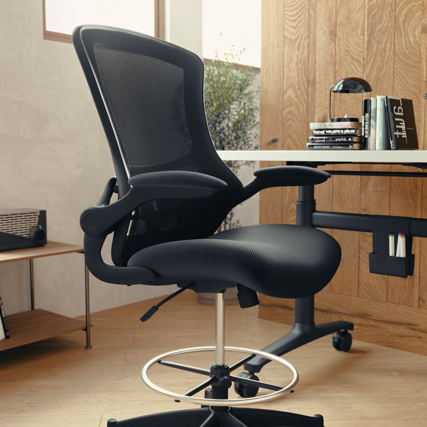 Kelista Mid-Back Black Mesh Ergonomic Drafting Chair with Adjustable Foot Ring and Flip-Up Arms Black Mesh/Black Frame