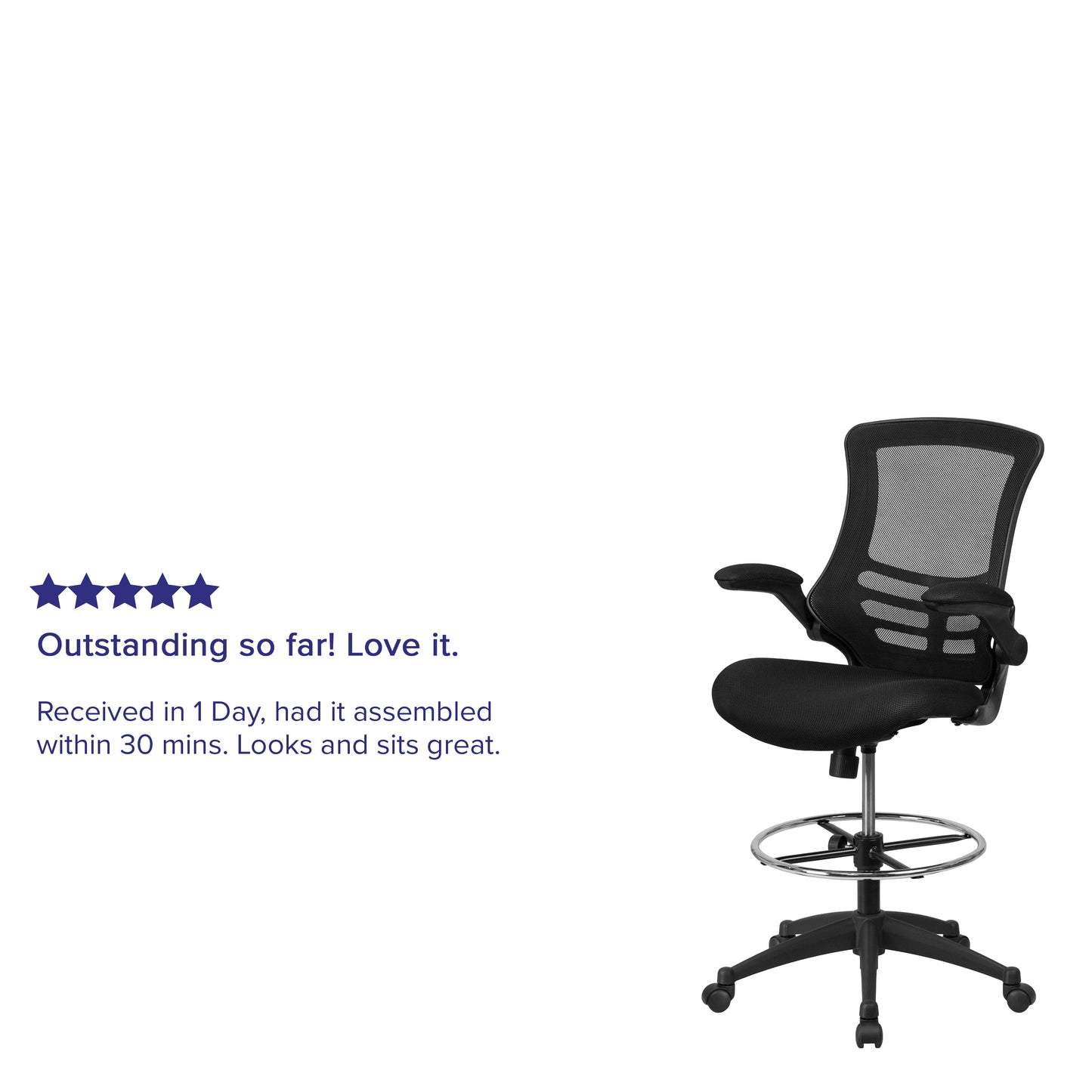Kelista Mid-Back Black Mesh Ergonomic Drafting Chair with Adjustable Foot Ring and Flip-Up Arms Black Mesh/Black Frame