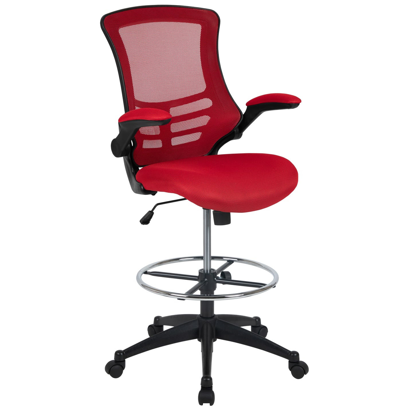 Kelista Mid-Back Red Mesh Ergonomic Drafting Chair with Adjustable Foot Ring and Flip-Up Arms Red Mesh/Black Frame