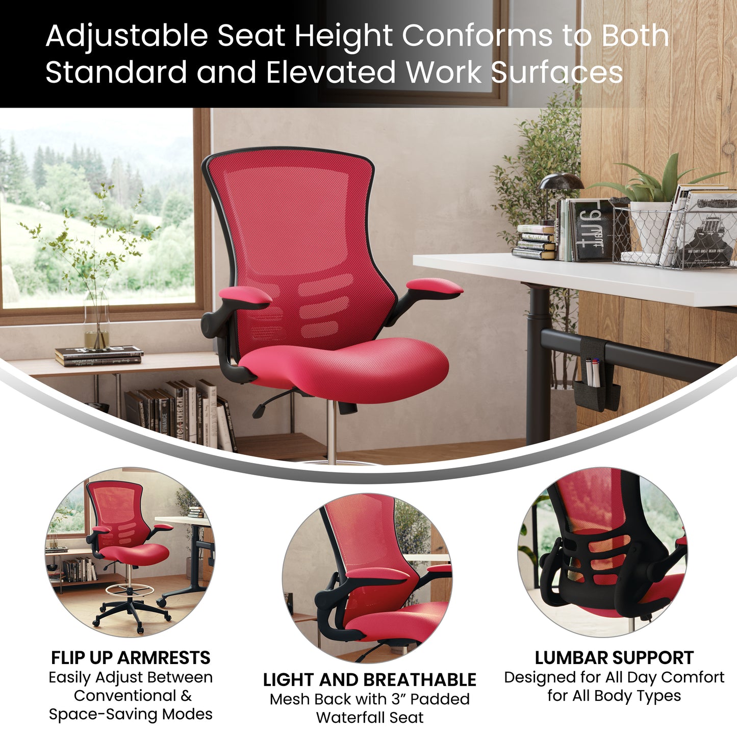 Kelista Mid-Back Red Mesh Ergonomic Drafting Chair with Adjustable Foot Ring and Flip-Up Arms Red Mesh/Black Frame