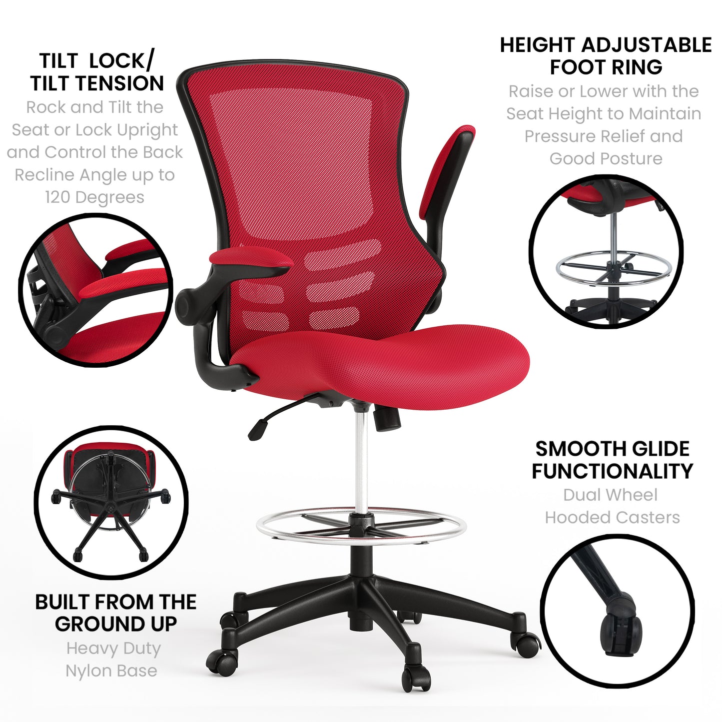 Kelista Mid-Back Red Mesh Ergonomic Drafting Chair with Adjustable Foot Ring and Flip-Up Arms Red Mesh/Black Frame