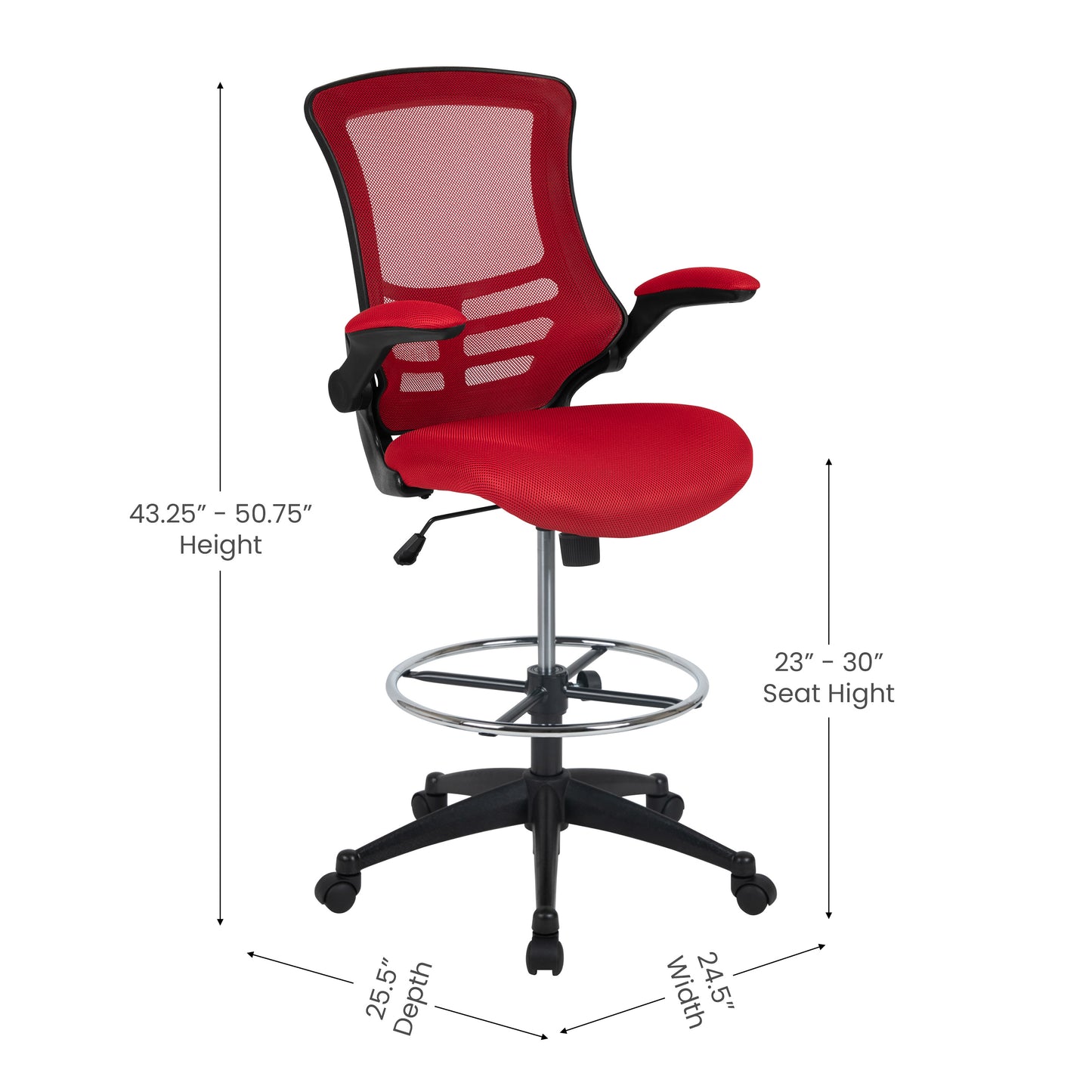 Kelista Mid-Back Red Mesh Ergonomic Drafting Chair with Adjustable Foot Ring and Flip-Up Arms Red Mesh/Black Frame