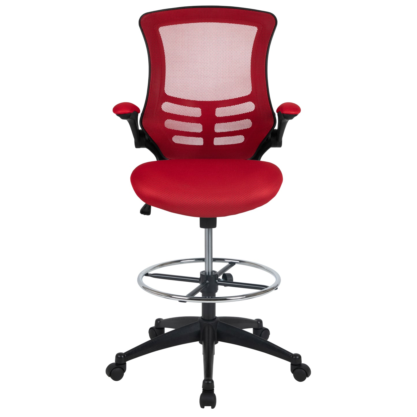 Kelista Mid-Back Red Mesh Ergonomic Drafting Chair with Adjustable Foot Ring and Flip-Up Arms Red Mesh/Black Frame