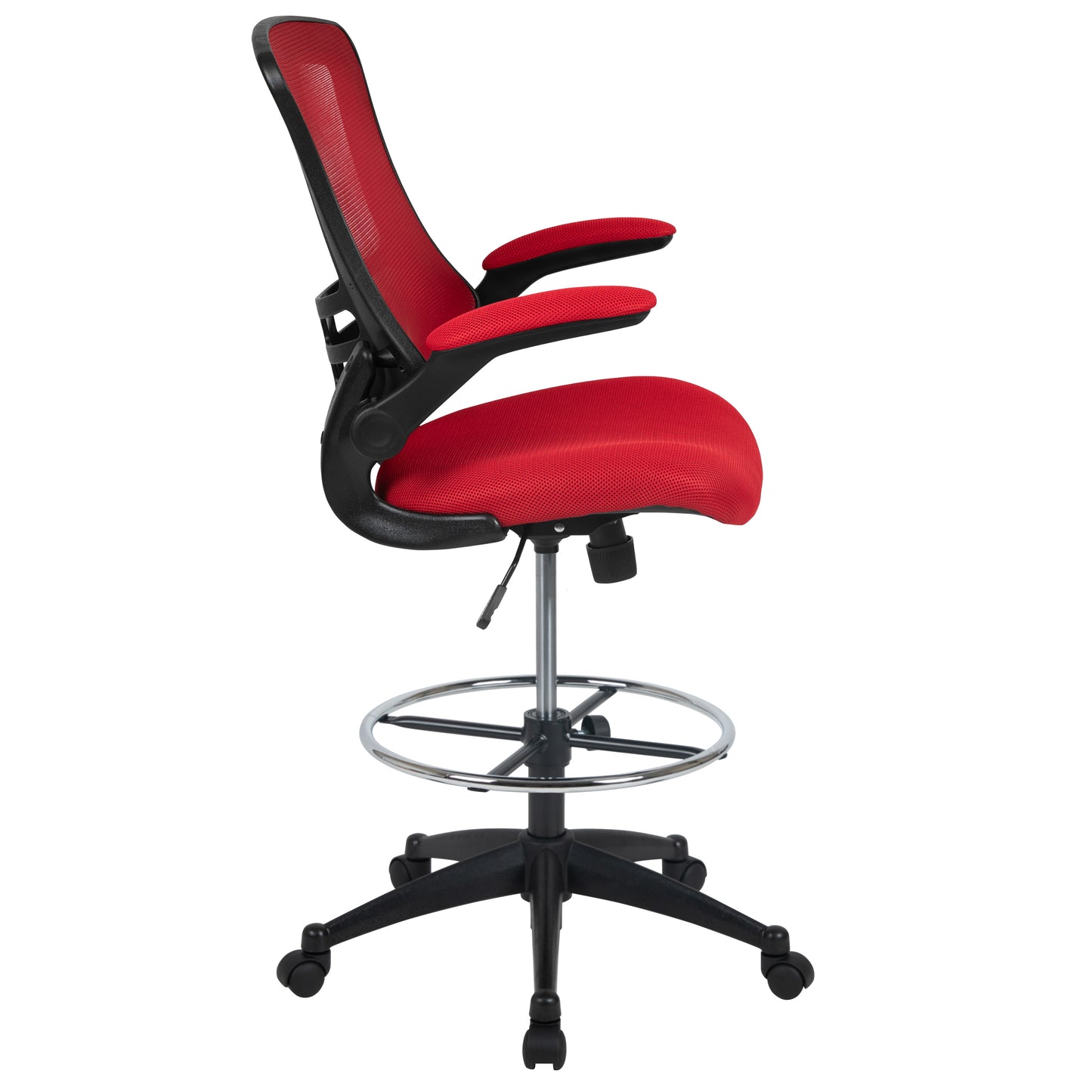 Kelista Mid-Back Red Mesh Ergonomic Drafting Chair with Adjustable Foot Ring and Flip-Up Arms Red Mesh/Black Frame