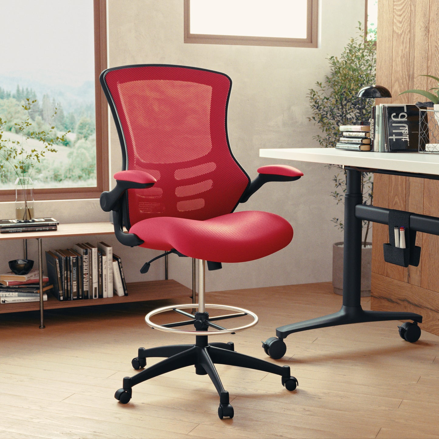 Kelista Mid-Back Red Mesh Ergonomic Drafting Chair with Adjustable Foot Ring and Flip-Up Arms Red Mesh/Black Frame