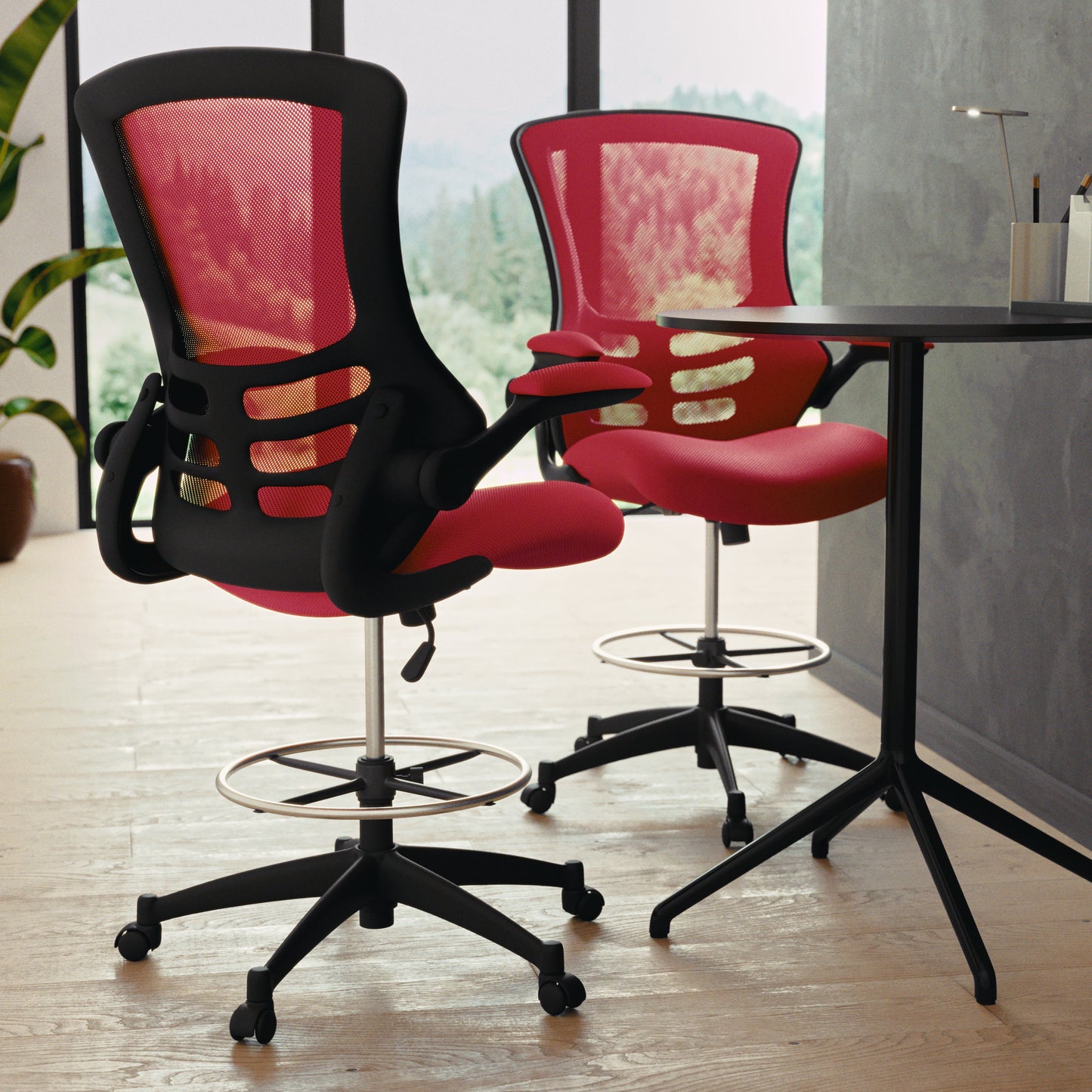 Kelista Mid-Back Red Mesh Ergonomic Drafting Chair with Adjustable Foot Ring and Flip-Up Arms Red Mesh/Black Frame