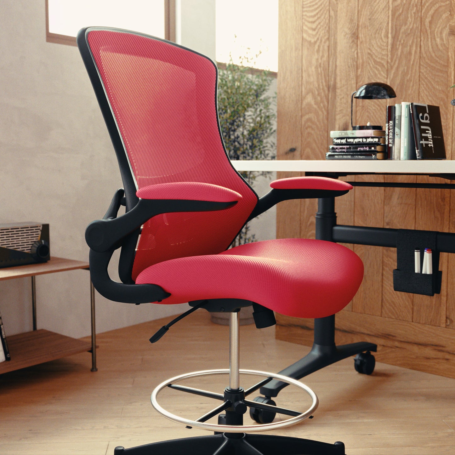 Kelista Mid-Back Red Mesh Ergonomic Drafting Chair with Adjustable Foot Ring and Flip-Up Arms Red Mesh/Black Frame