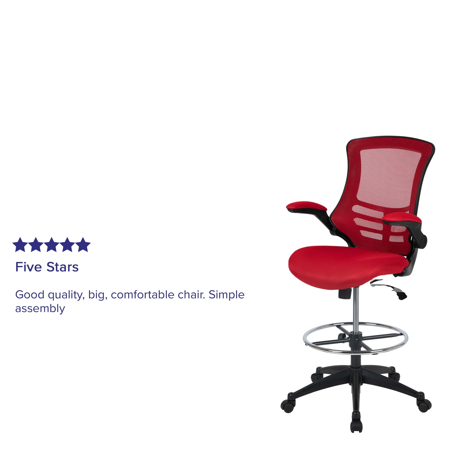 Kelista Mid-Back Red Mesh Ergonomic Drafting Chair with Adjustable Foot Ring and Flip-Up Arms Red Mesh/Black Frame