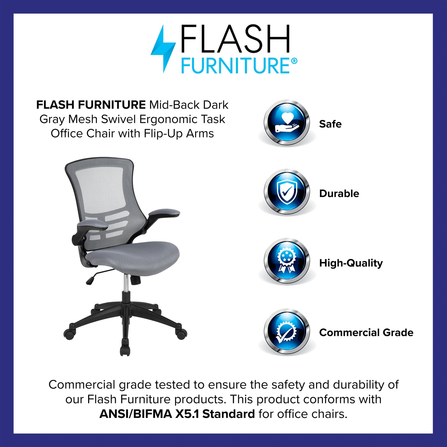 Kelista Mid-Back Dark Gray Mesh Swivel Ergonomic Task Office Chair with Flip-Up Arms Dark Gray Mesh/Black Frame