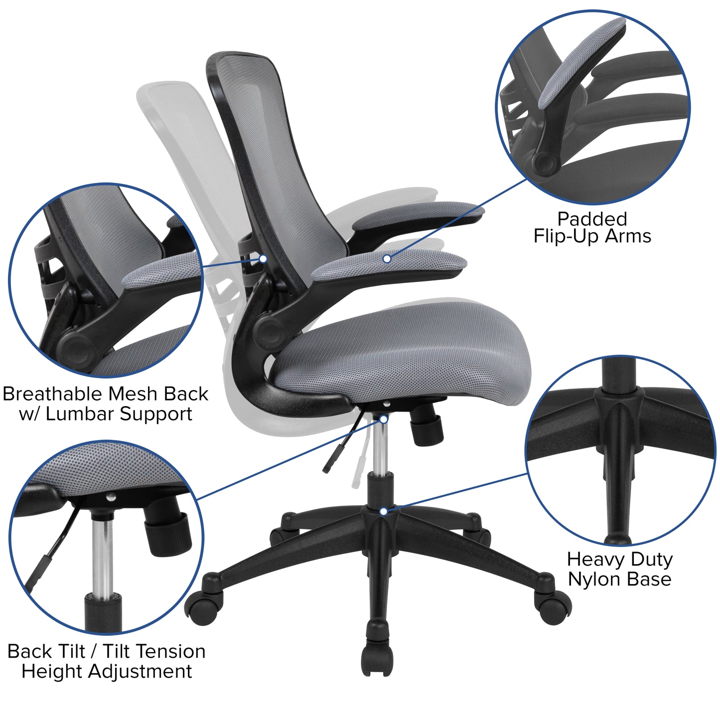 Kelista Mid-Back Dark Gray Mesh Swivel Ergonomic Task Office Chair with Flip-Up Arms Dark Gray Mesh/Black Frame