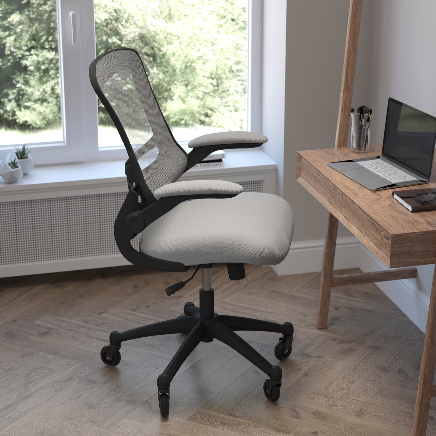 Kelista Mid-Back Dark Gray Mesh Swivel Ergonomic Task Office Chair with Flip-Up Arms and Transparent Roller Wheels Dark Gray Mesh/Black Frame