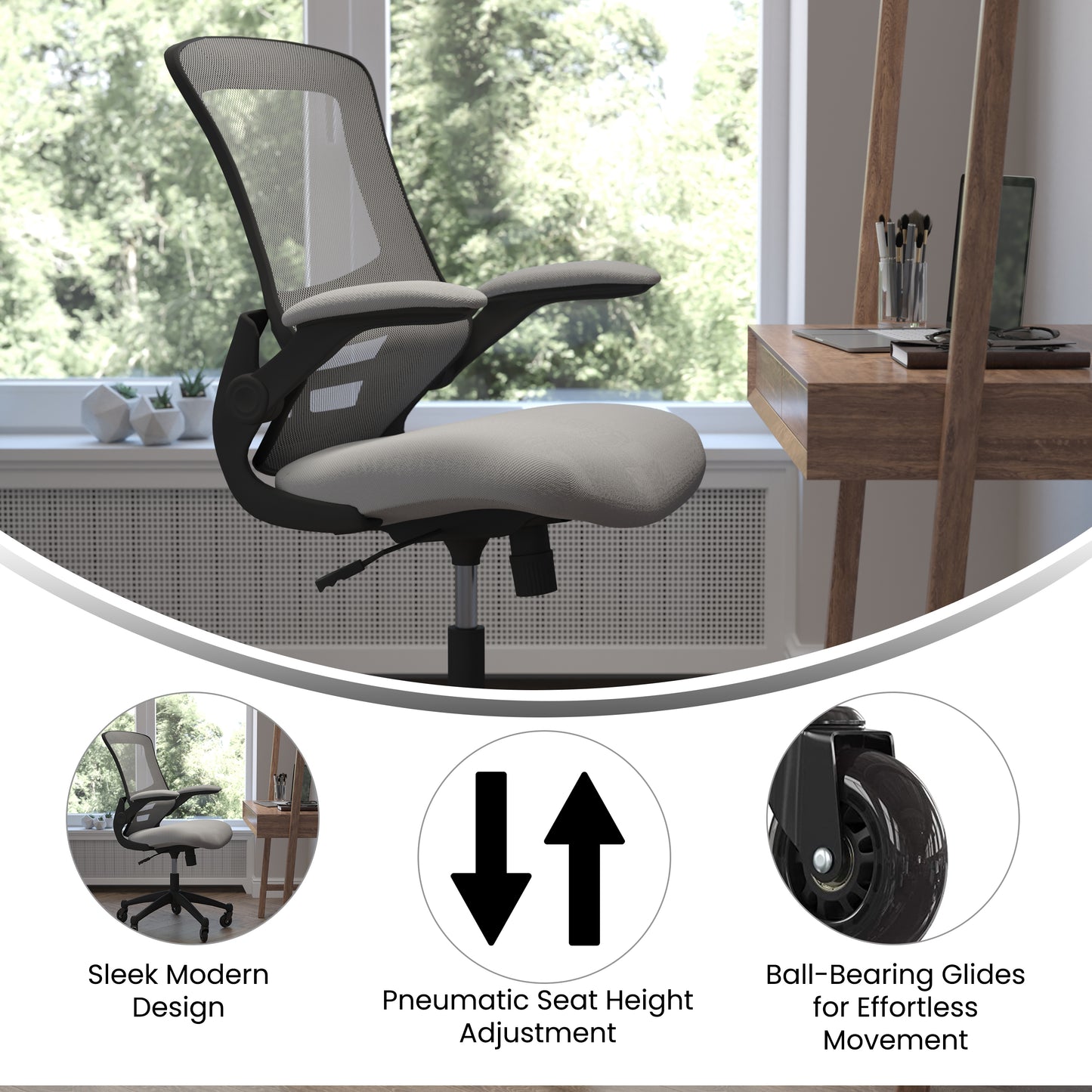 Kelista Mid-Back Dark Gray Mesh Swivel Ergonomic Task Office Chair with Flip-Up Arms and Transparent Roller Wheels Dark Gray Mesh/Black Frame