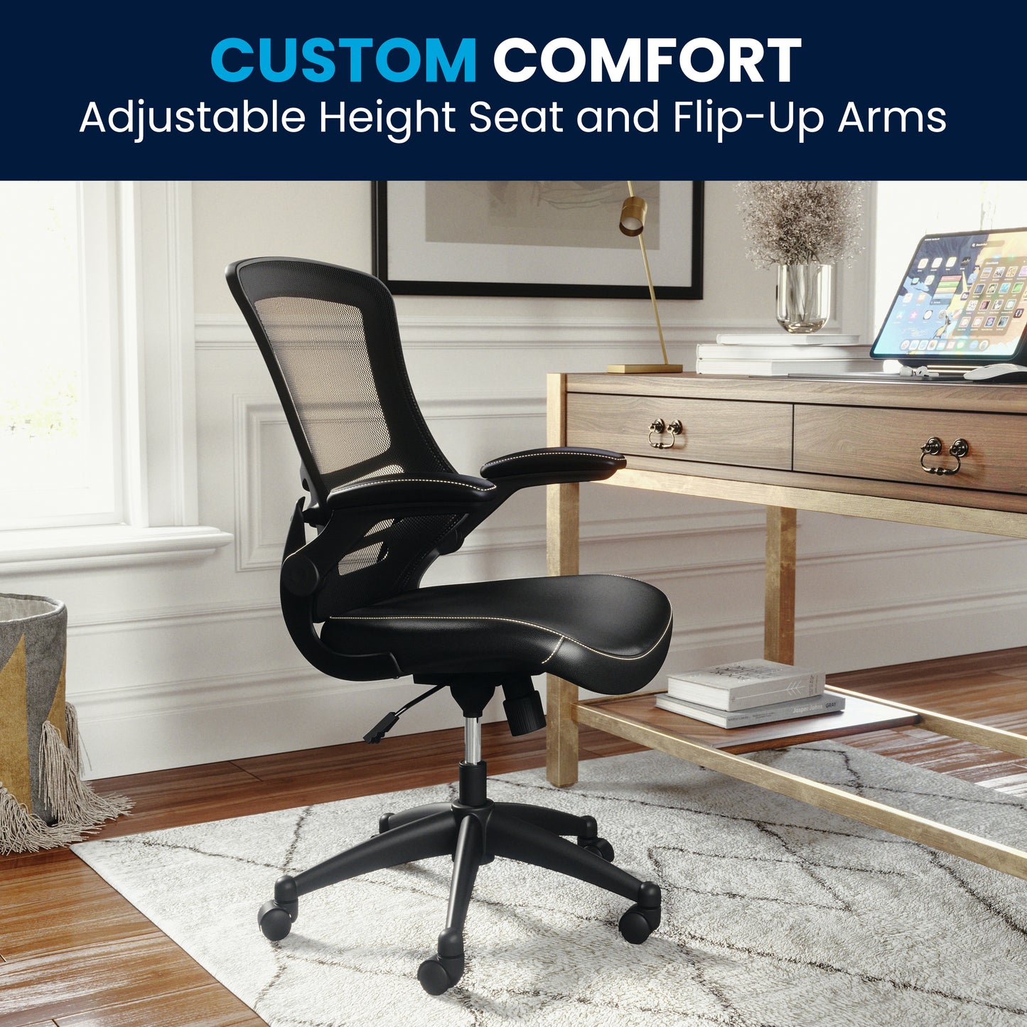 Kelista Desk Chair with Wheels | Swivel Chair with Mid-Back Black Mesh and LeatherSoft Seat for Home Office and Desk Black Mesh & LeatherSoft/Black Frame
