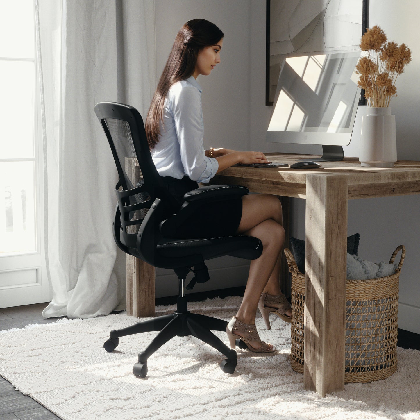 Kelista Desk Chair with Wheels | Swivel Chair with Mid-Back Black Mesh and LeatherSoft Seat for Home Office and Desk Black Mesh & LeatherSoft/Black Frame