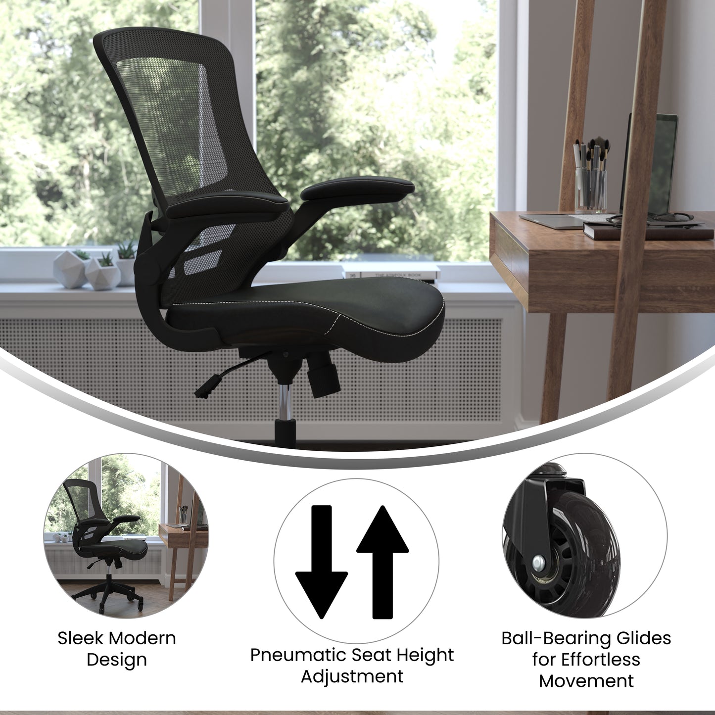 Kelista Desk Chair with Transparent Roller Wheels | Swivel Chair with Kelista Mid-Back Black Mesh and LeatherSoft Seat for Home Office and Desk Black Mesh & LeatherSoft/Black Frame
