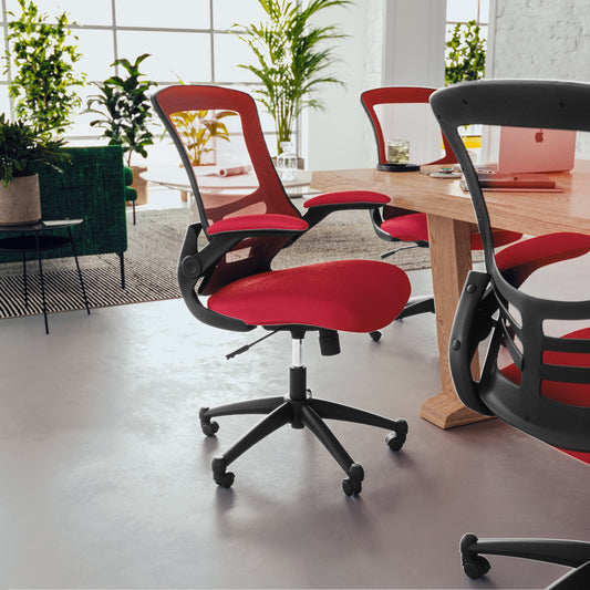 Kelista Mid-Back Red Mesh Swivel Ergonomic Task Office Chair with Flip-Up Arms Red Mesh/Black Frame BL-X-5M-RED-GG