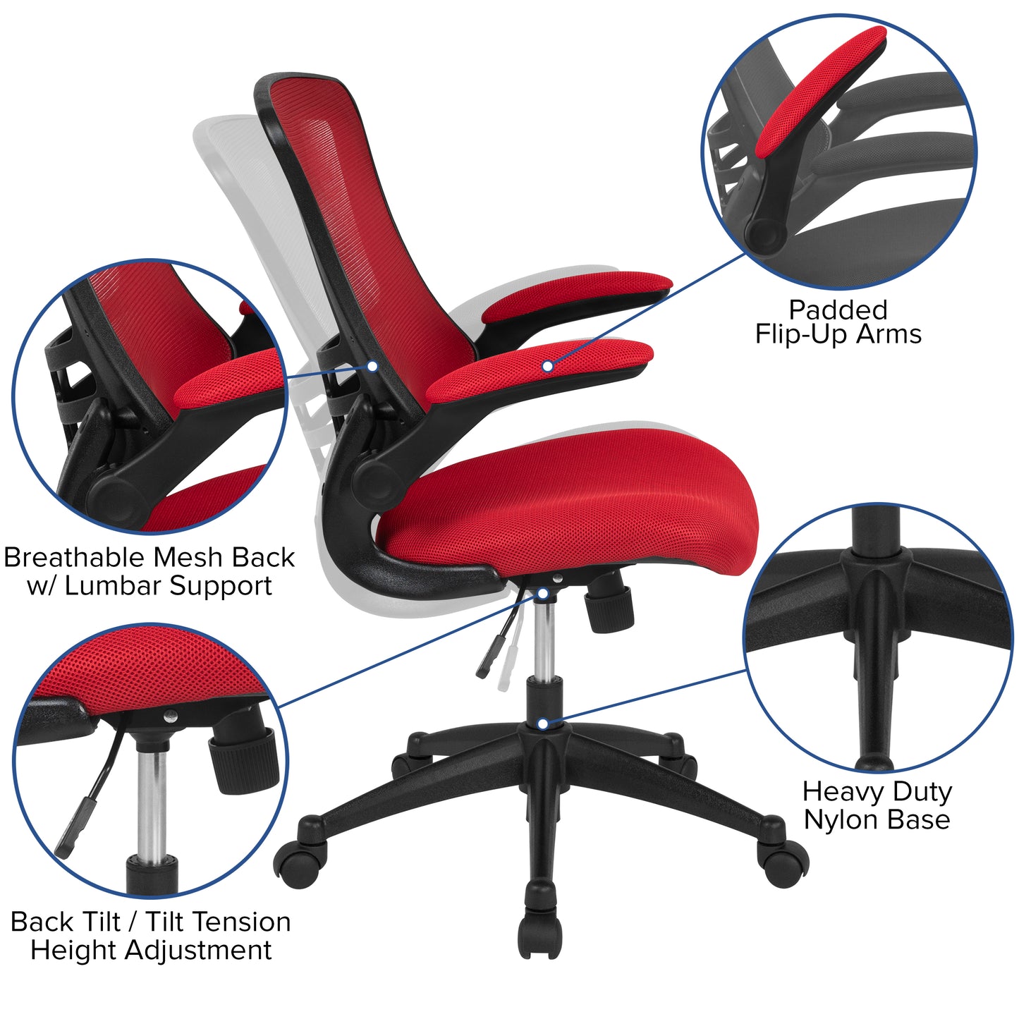 Kelista Mid-Back Red Mesh Swivel Ergonomic Task Office Chair with Flip-Up Arms Red Mesh/Black Frame