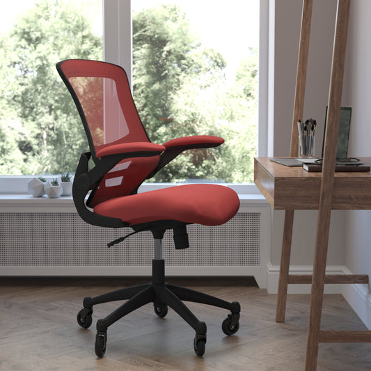 Kelista Mid-Back Red Mesh Swivel Ergonomic Task Office Chair with Flip-Up Arms and Transparent Roller Wheels Red Mesh/Black Frame BL-X-5M-RED-RLB-GG