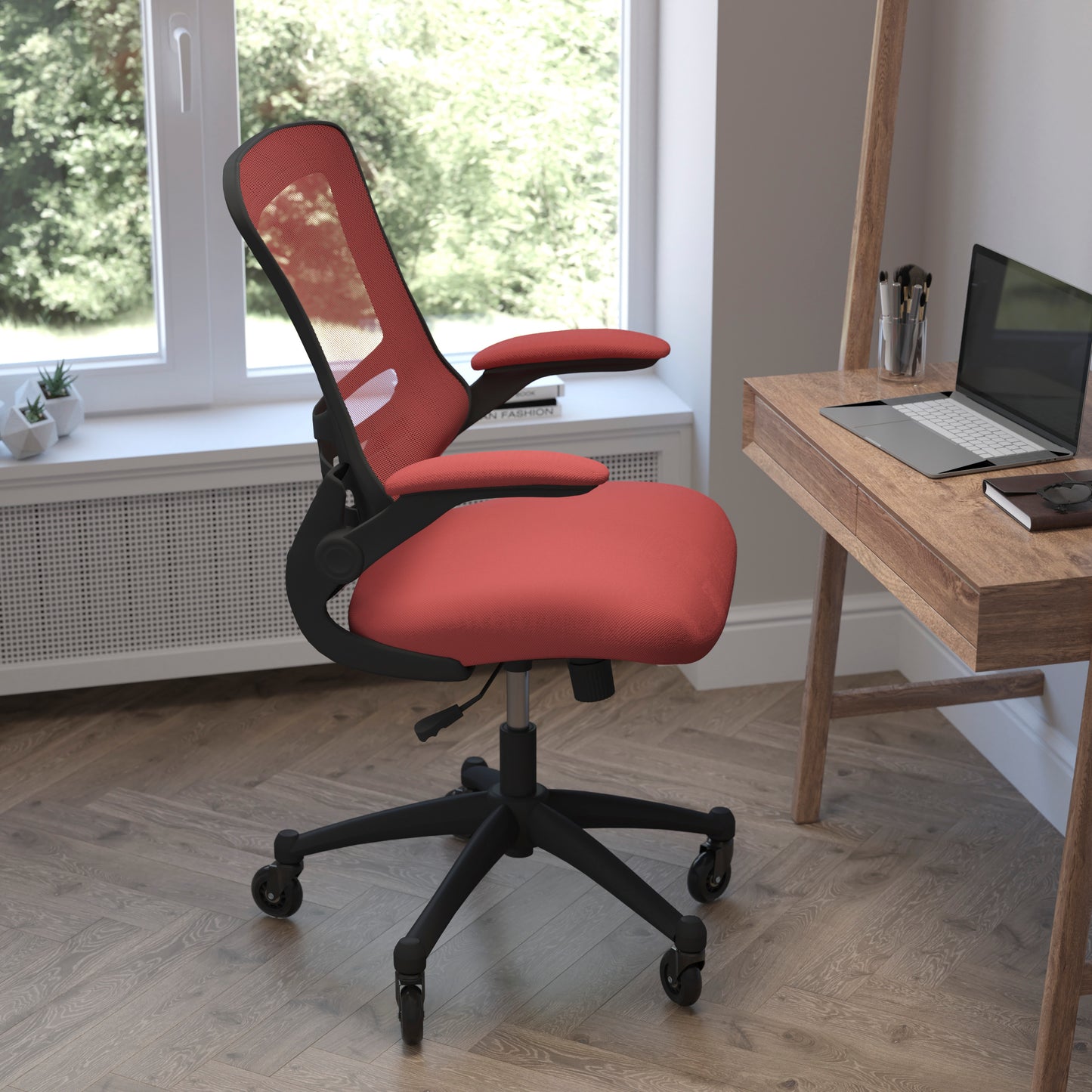 Kelista Mid-Back Red Mesh Swivel Ergonomic Task Office Chair with Flip-Up Arms and Transparent Roller Wheels Red Mesh/Black Frame
