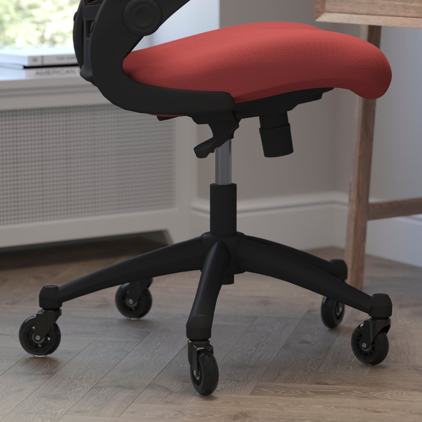 Kelista Mid-Back Red Mesh Swivel Ergonomic Task Office Chair with Flip-Up Arms and Transparent Roller Wheels Red Mesh/Black Frame