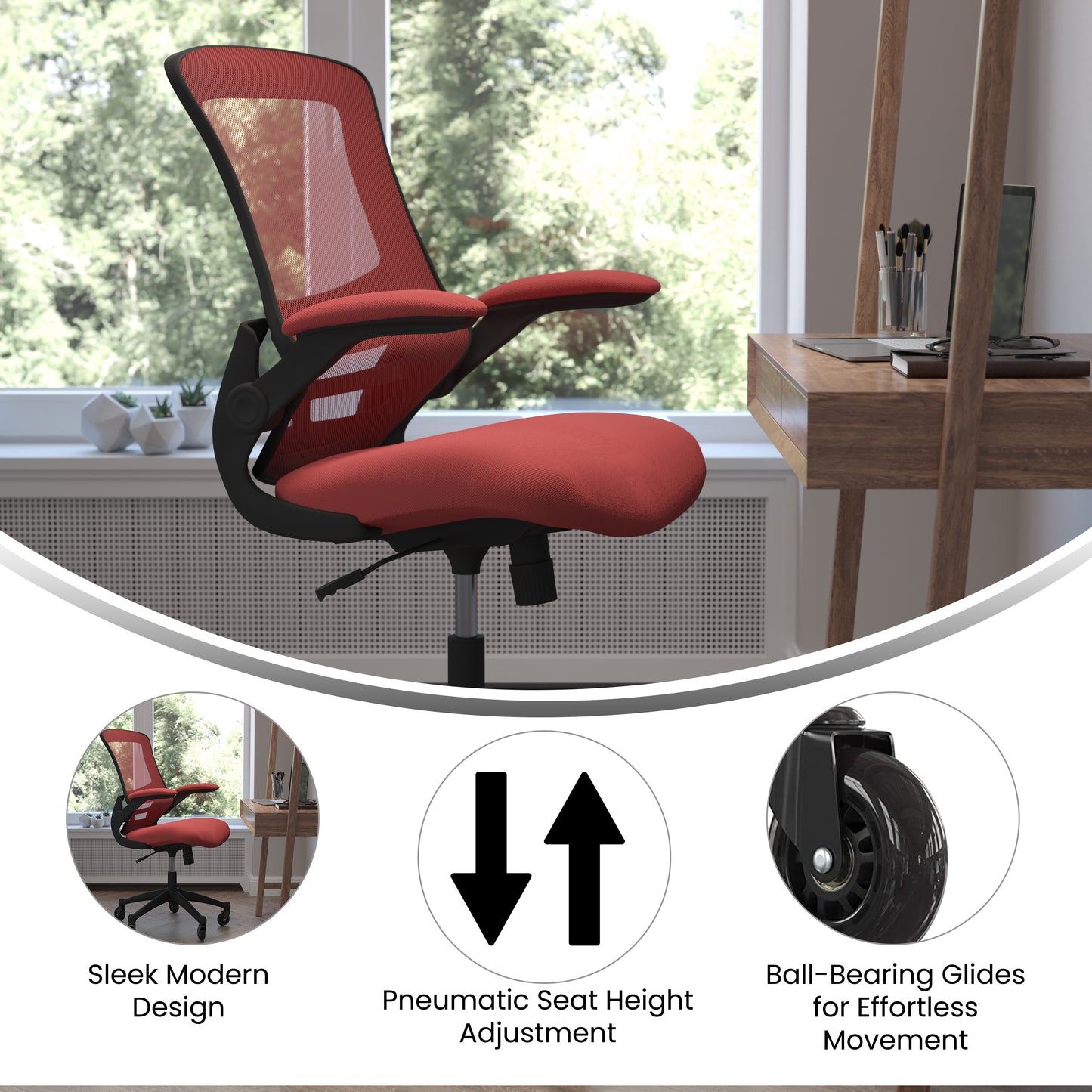 Kelista Mid-Back Red Mesh Swivel Ergonomic Task Office Chair with Flip-Up Arms and Transparent Roller Wheels Red Mesh/Black Frame