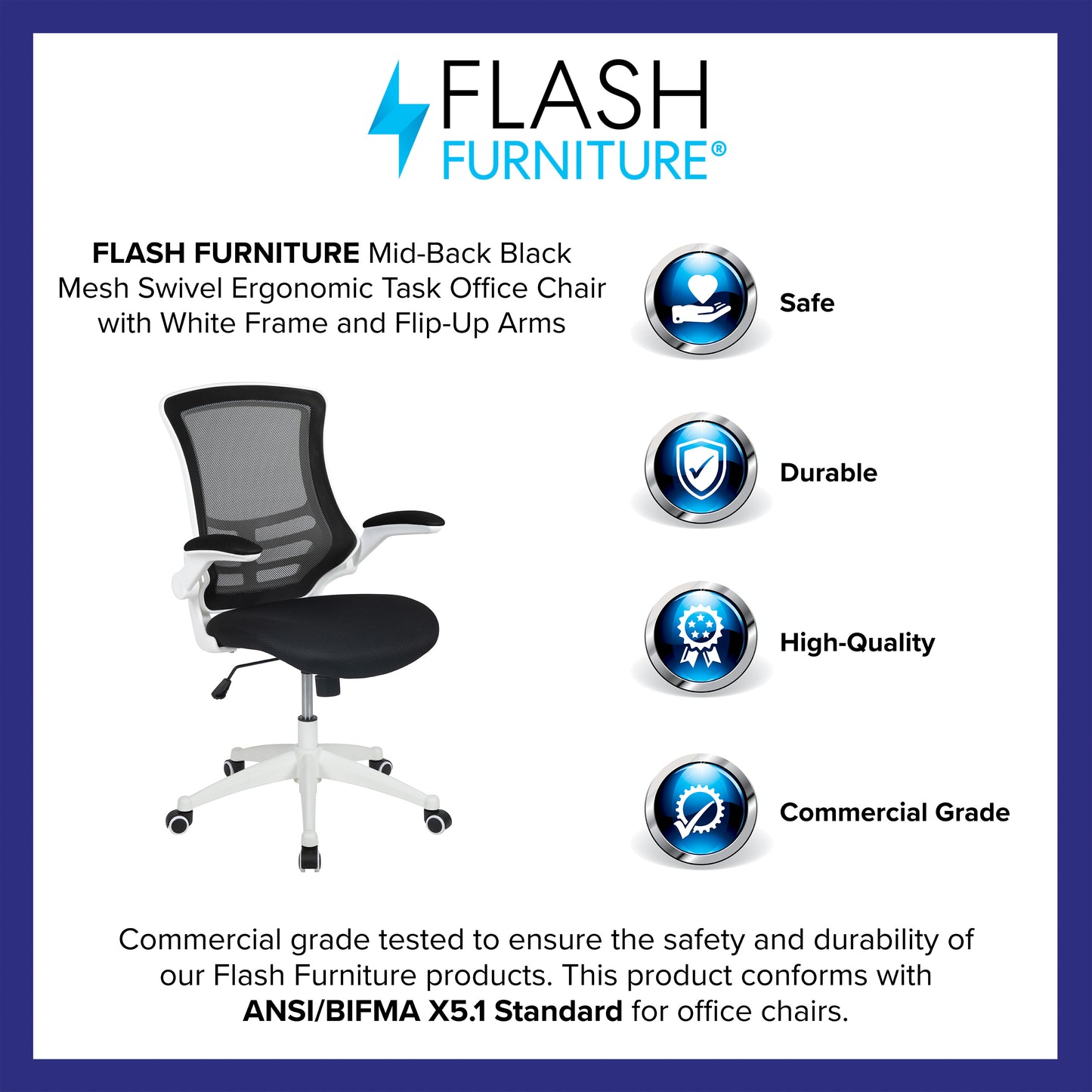 Kelista Mid-Back Black Mesh Swivel Ergonomic Task Office Chair with White Frame and Flip-Up Arms Black Mesh/White Frame