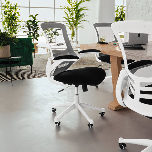 Kelista Mid-Back Black Mesh Swivel Ergonomic Task Office Chair with White Frame and Flip-Up Arms Black Mesh/White Frame BL-X-5M-WH-BK-GG