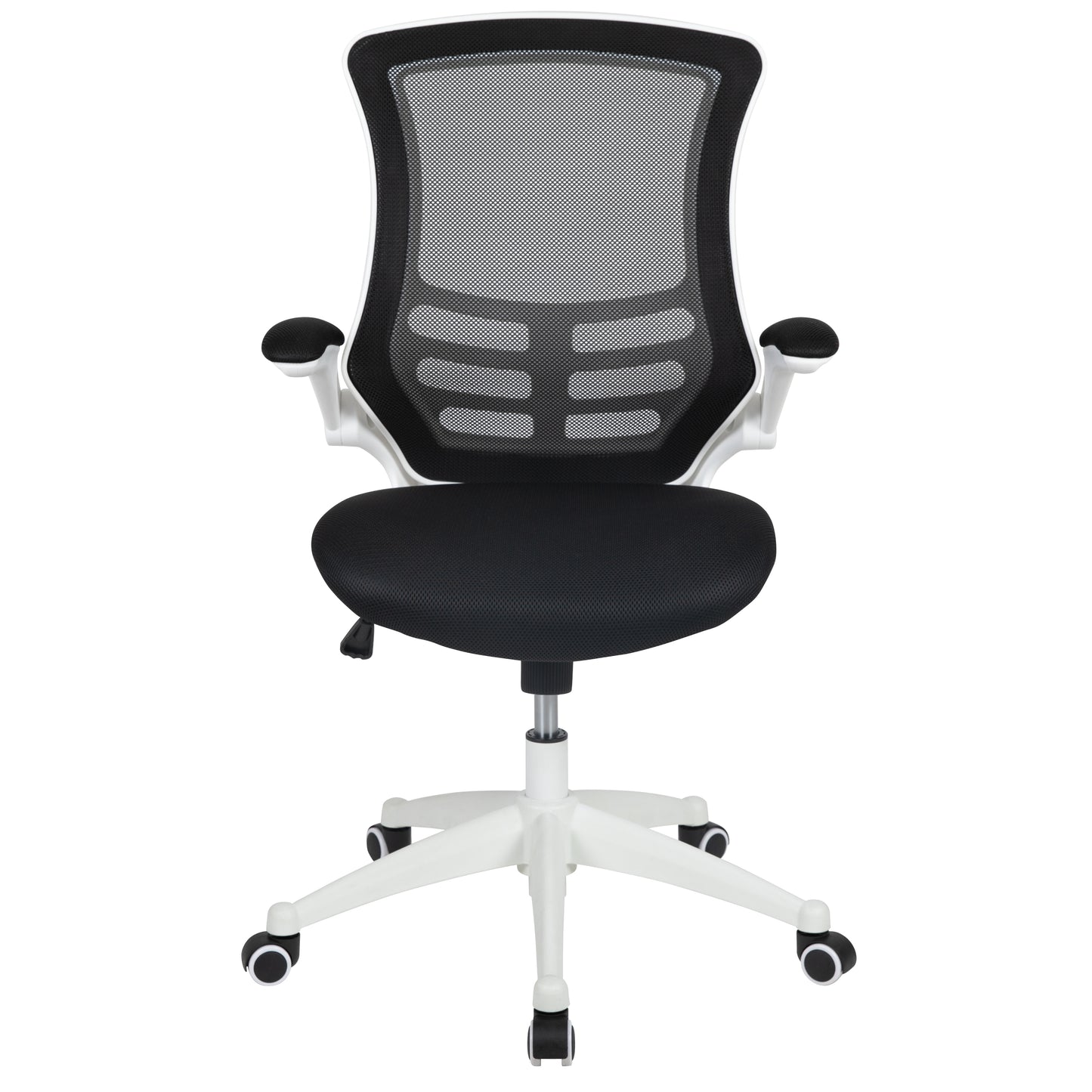 Kelista Mid-Back Black Mesh Swivel Ergonomic Task Office Chair with White Frame and Flip-Up Arms Black Mesh/White Frame