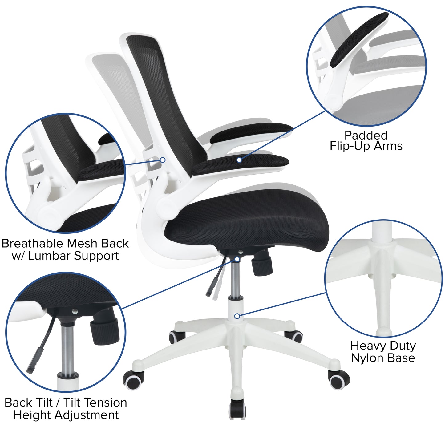 Kelista Mid-Back Black Mesh Swivel Ergonomic Task Office Chair with White Frame and Flip-Up Arms Black Mesh/White Frame
