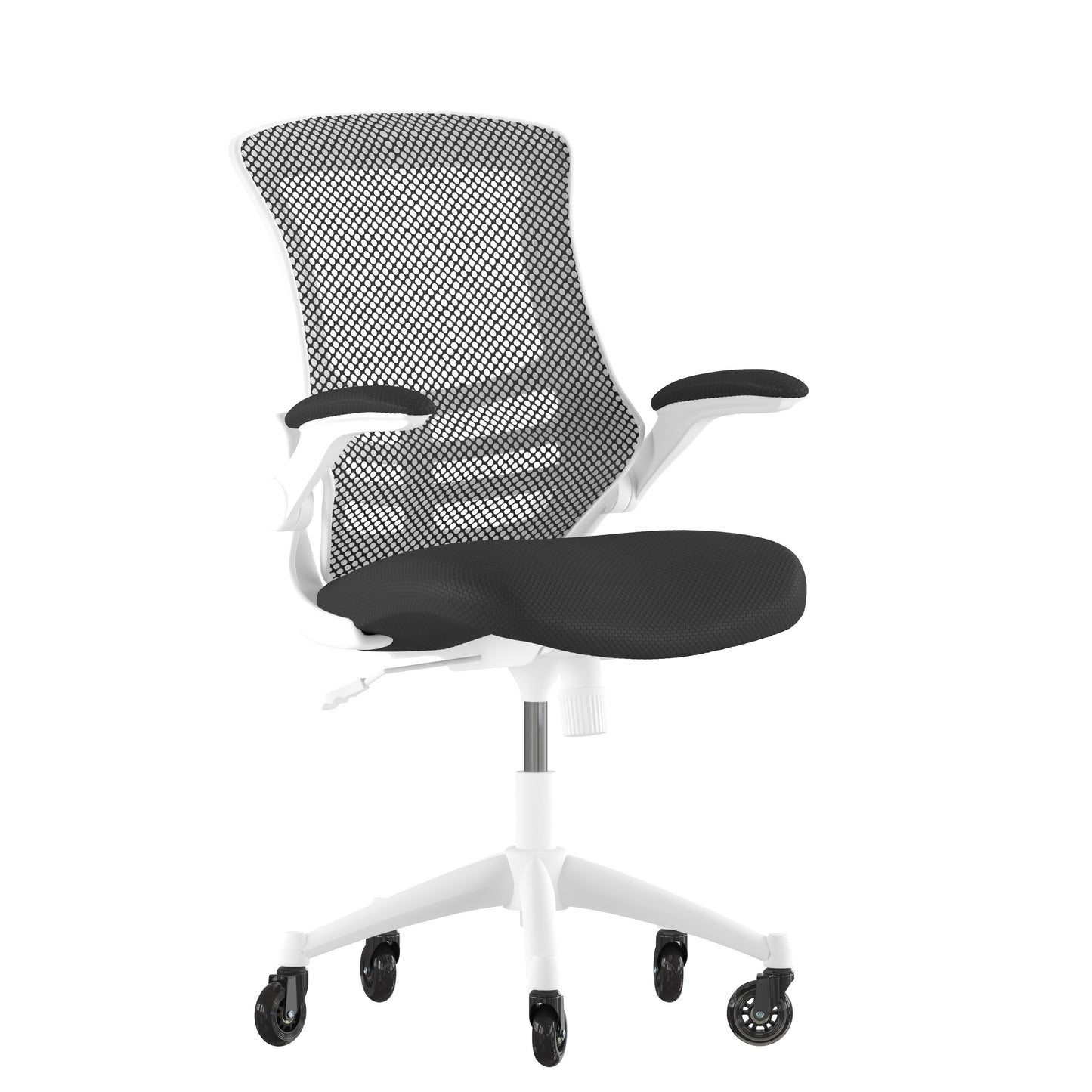 Kelista Mid-Back Black Mesh Swivel Ergonomic Task Office Chair with White Frame, Flip-Up Arms, and Transparent Roller Wheels Black Mesh/White Frame