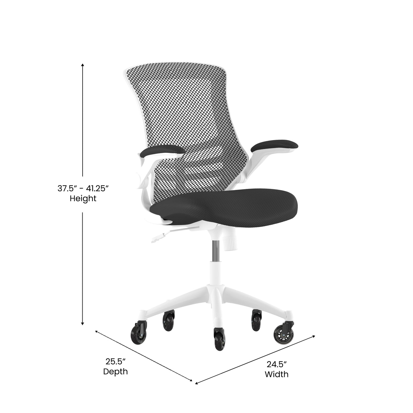 Kelista Mid-Back Black Mesh Swivel Ergonomic Task Office Chair with White Frame, Flip-Up Arms, and Transparent Roller Wheels Black Mesh/White Frame