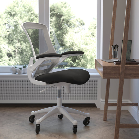 Kelista Mid-Back Black Mesh Swivel Ergonomic Task Office Chair with White Frame, Flip-Up Arms, and Transparent Roller Wheels Black Mesh/White Frame BL-X-5M-WH-BK-RLB-GG