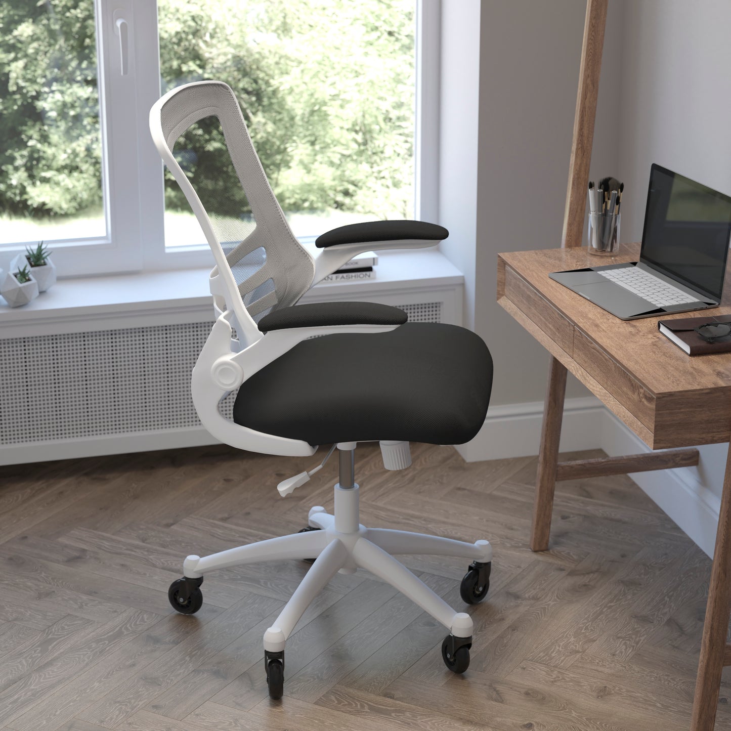 Kelista Mid-Back Black Mesh Swivel Ergonomic Task Office Chair with White Frame, Flip-Up Arms, and Transparent Roller Wheels Black Mesh/White Frame
