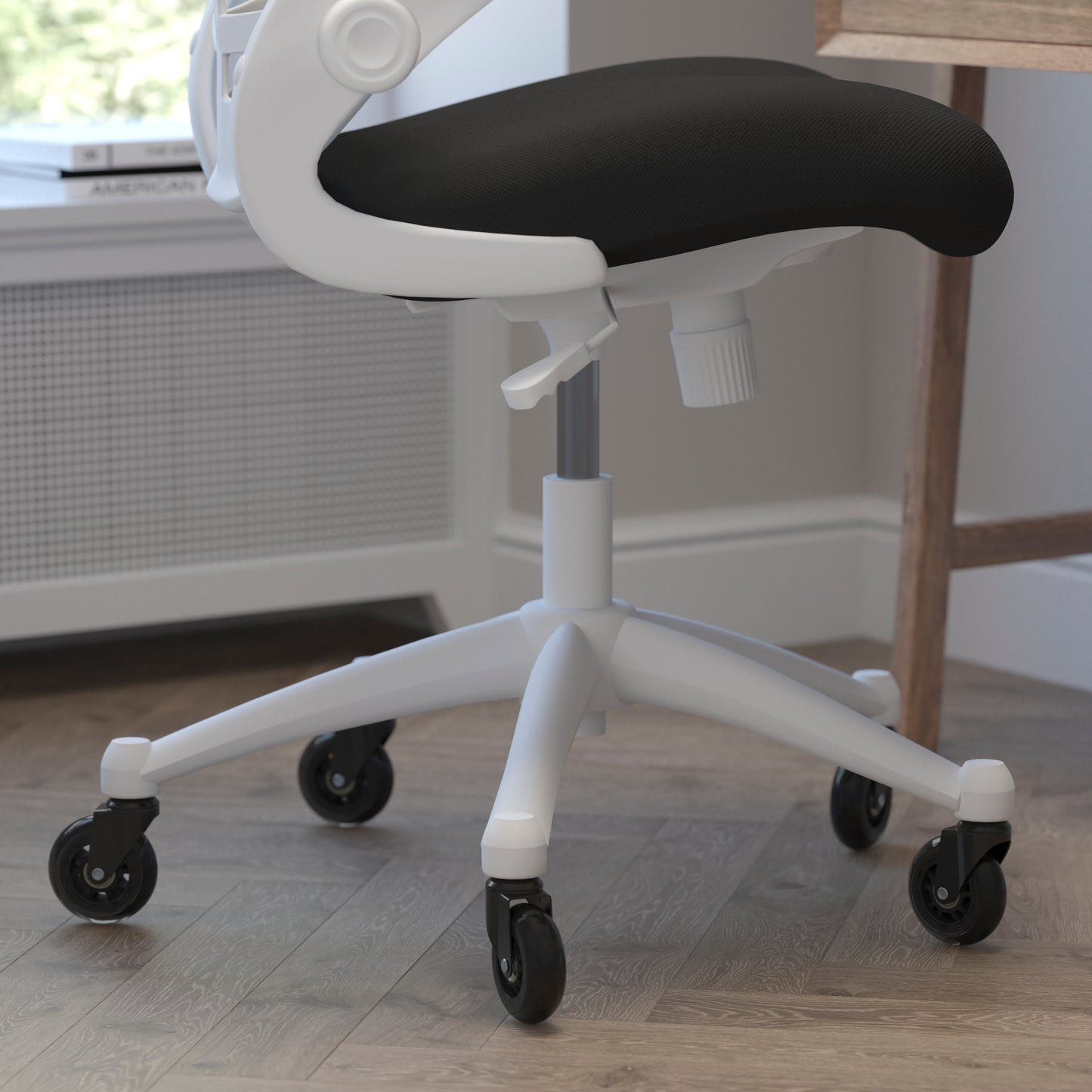 Kelista Mid-Back Black Mesh Swivel Ergonomic Task Office Chair with White Frame, Flip-Up Arms, and Transparent Roller Wheels Black Mesh/White Frame