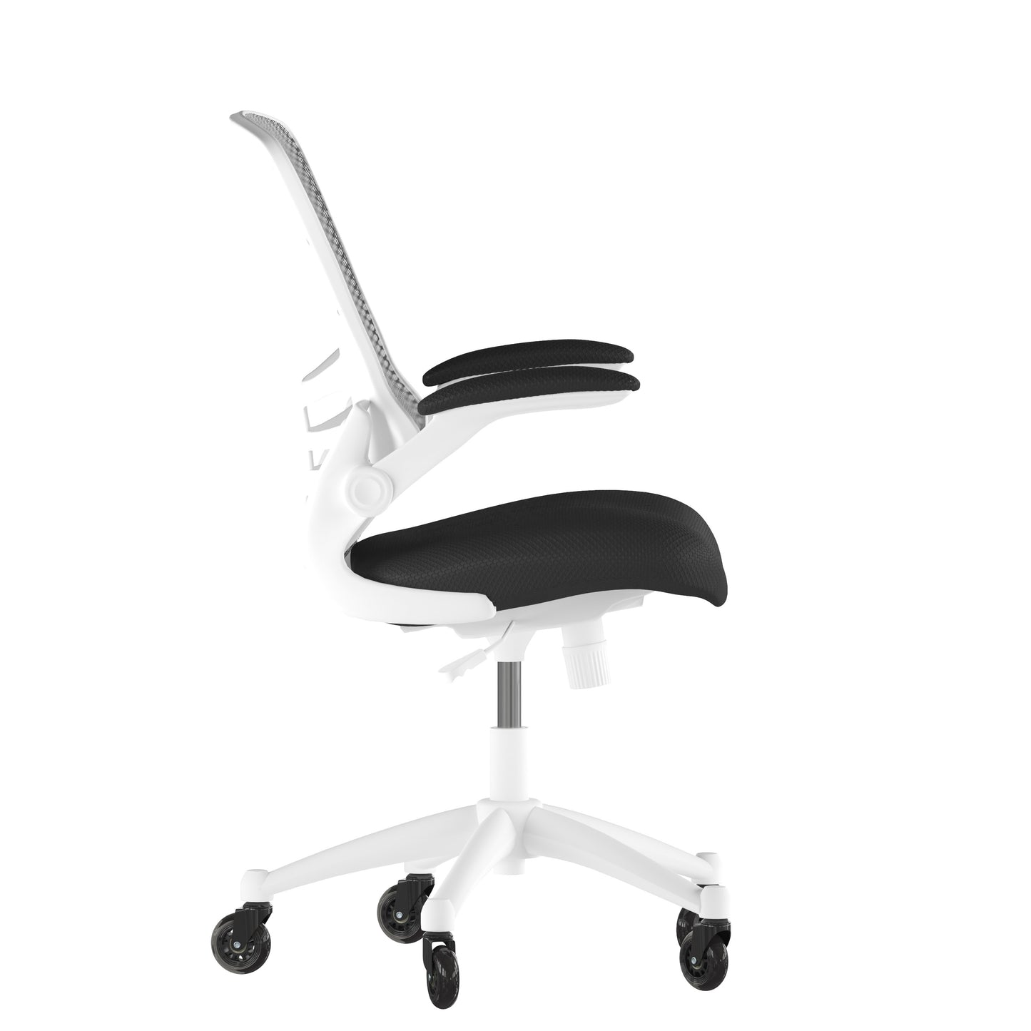 Kelista Mid-Back Black Mesh Swivel Ergonomic Task Office Chair with White Frame, Flip-Up Arms, and Transparent Roller Wheels Black Mesh/White Frame