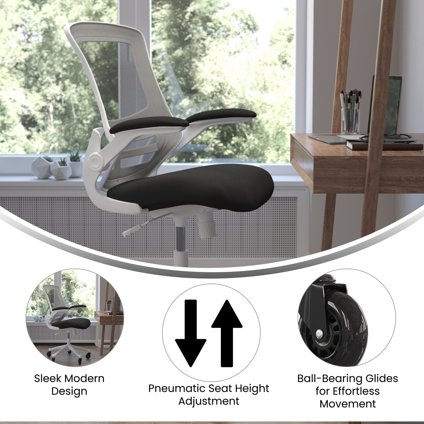Kelista Mid-Back Black Mesh Swivel Ergonomic Task Office Chair with White Frame, Flip-Up Arms, and Transparent Roller Wheels Black Mesh/White Frame