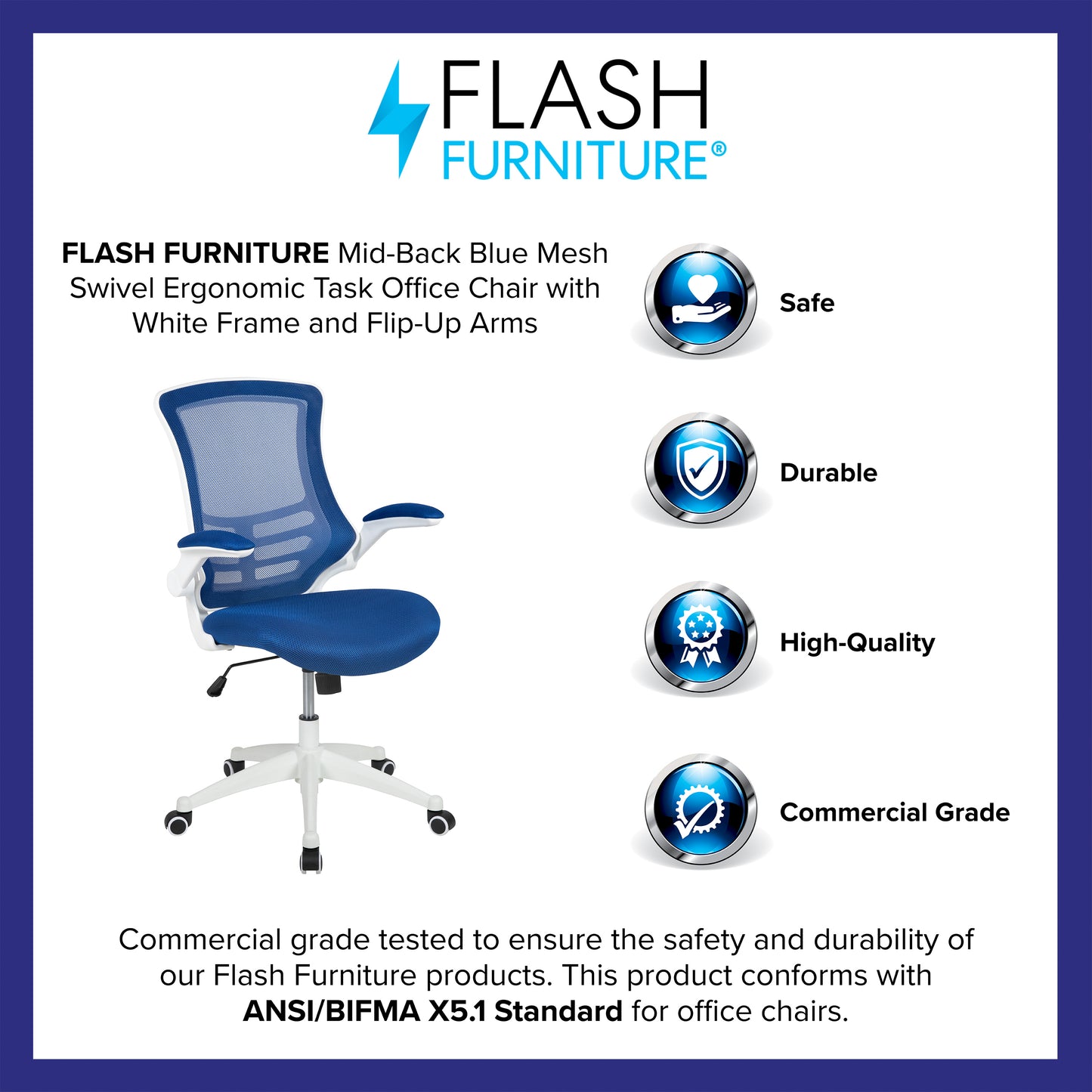 Kelista Mid-Back Blue Mesh Swivel Ergonomic Task Office Chair with White Frame and Flip-Up Arms Blue Mesh/White Frame